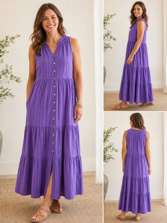 J. Jill Dresses & Skirts - J.Jill Purple Cotton Sleeveless Tiered Button Front Maxi Dress Sz. M
